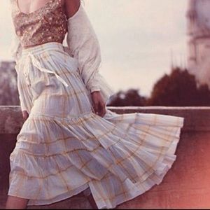 Free People Plaid Tiered Boho Skirt with Pockets In Blue/Yellow Size Large